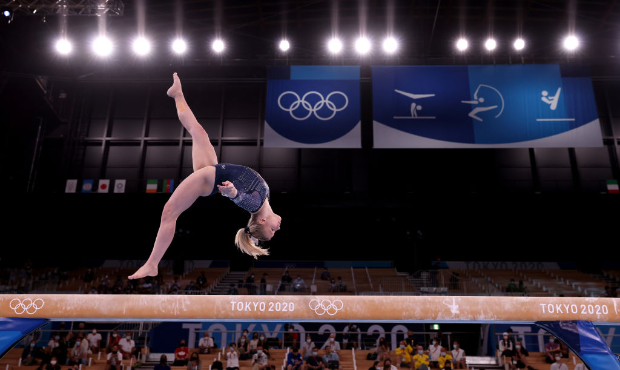 Jade Carey of Team United States competes on balance beam during the Women's All-Around Final on da...