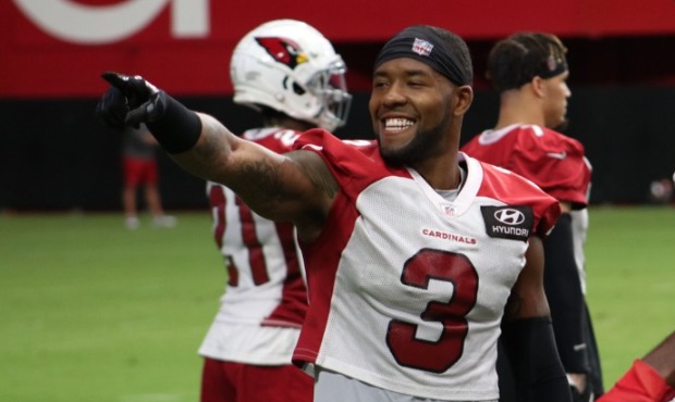 Cardinals S Budda Baker points to the crowd during training camp, Friday, July 30, 2021, in Glendal...