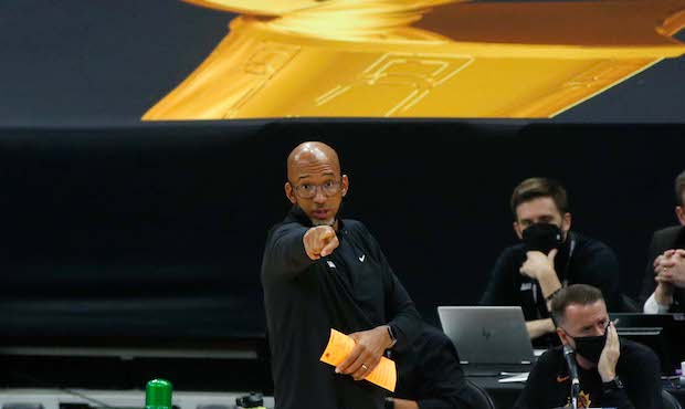 Head coach Monty Williams of the Phoenix Suns signals to players during the first half in Game Two ...