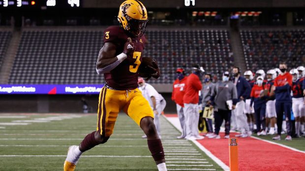 Running back Rachaad White #3 of the Arizona State Sun Devils scores on a 2-yard rushing touchdown ...