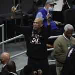 Kareem Abdul-Jabbar reacts during the first half of Game 4 of basketball's NBA Finals between the Milwaukee Bucks and the Phoenix Suns, Wednesday, July 14, 2021, in Milwaukee. (AP Photo/Aaron Gash)