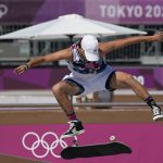 Jagger Eaton of the United States competes in the men's street skateboarding at the 2020 Summer Olympics, Saturday, July 24, 2021, in Tokyo, Japan. (AP Photo/Ben Curtis)