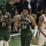 Milwaukee Bucks' Giannis Antetokounmpo (34) reacts during the first half of Game 3 of basketball's NBA Finals against the Phoenix Suns Sunday, July 11, 2021, in Milwaukee. (AP Photo/Aaron Gash)