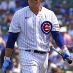Chicago Cubs' Anthony Rizzo looks to the field after striking out swinging during the sixth inning of a baseball game against the Arizona Diamondbacks in Chicago, Saturday, July 24, 2021. (AP Photo/Nam Y. Huh)