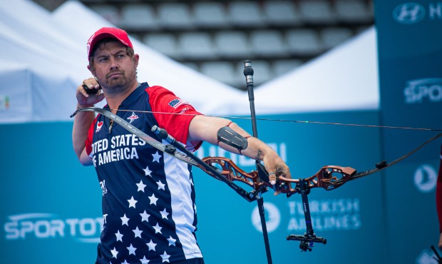 In this handout image provided by the World Archery Federation, Brady Ellison of USA during the Men...
