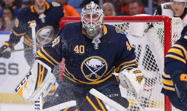 Buffalo Sabres goalie Carter Hutton (40)  watches the puck during the second period of an NHL hocke...