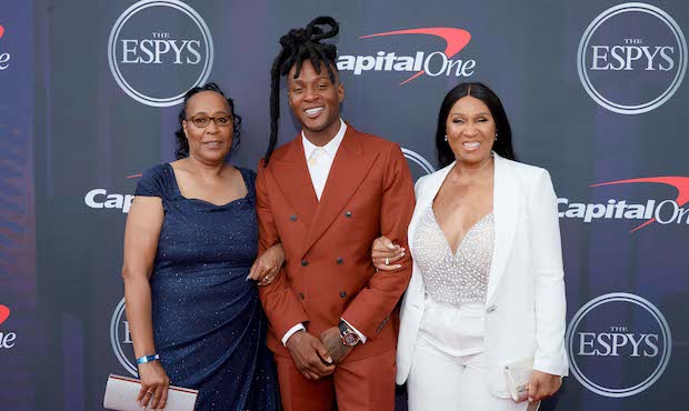 DeAndre Hopkins(C) and guests attend the 2021 ESPY Awards at Rooftop At Pier 17 on July 10, 2021 in...