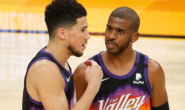 JUNE 01: Devin Booker #1 and Chris Paul #3 of the Phoenix Suns during the first half in Game Five o...