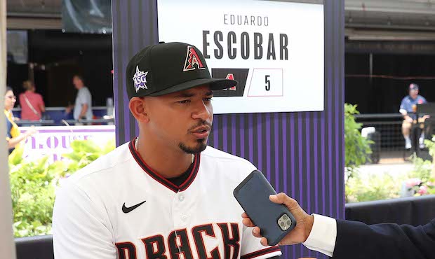 Eduardo Escobar #5 of the Arizona Diamondbacks speaks to media during the NL Player Media Availabil...
