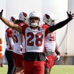 Cardinals CB Charles Washington throws his hands up in the air during practice Wednesday, Sept. 1, 2021, in Tempe. (Tyler Drake/Arizona Sports)