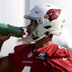 Cardinals WR Rondale Moore gets some water during practice Wednesday, Sept. 1, 2021, in Tempe. (Tyler Drake/Arizona Sports)
