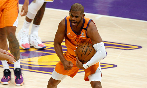 Phoenix Suns guard Chris Paul (3) reacts after forcing a turnover and a 24-second clock violation i...