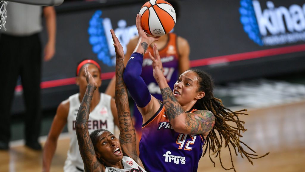 COLLEGE PARK, GA  AUGUST 21: Phoenix center Brittney Griner (42) drives to the basket during the WN...