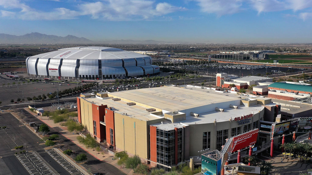 An aerial view from a drone of Gila River Arena and State Farm Stadium before the NHL game between ...