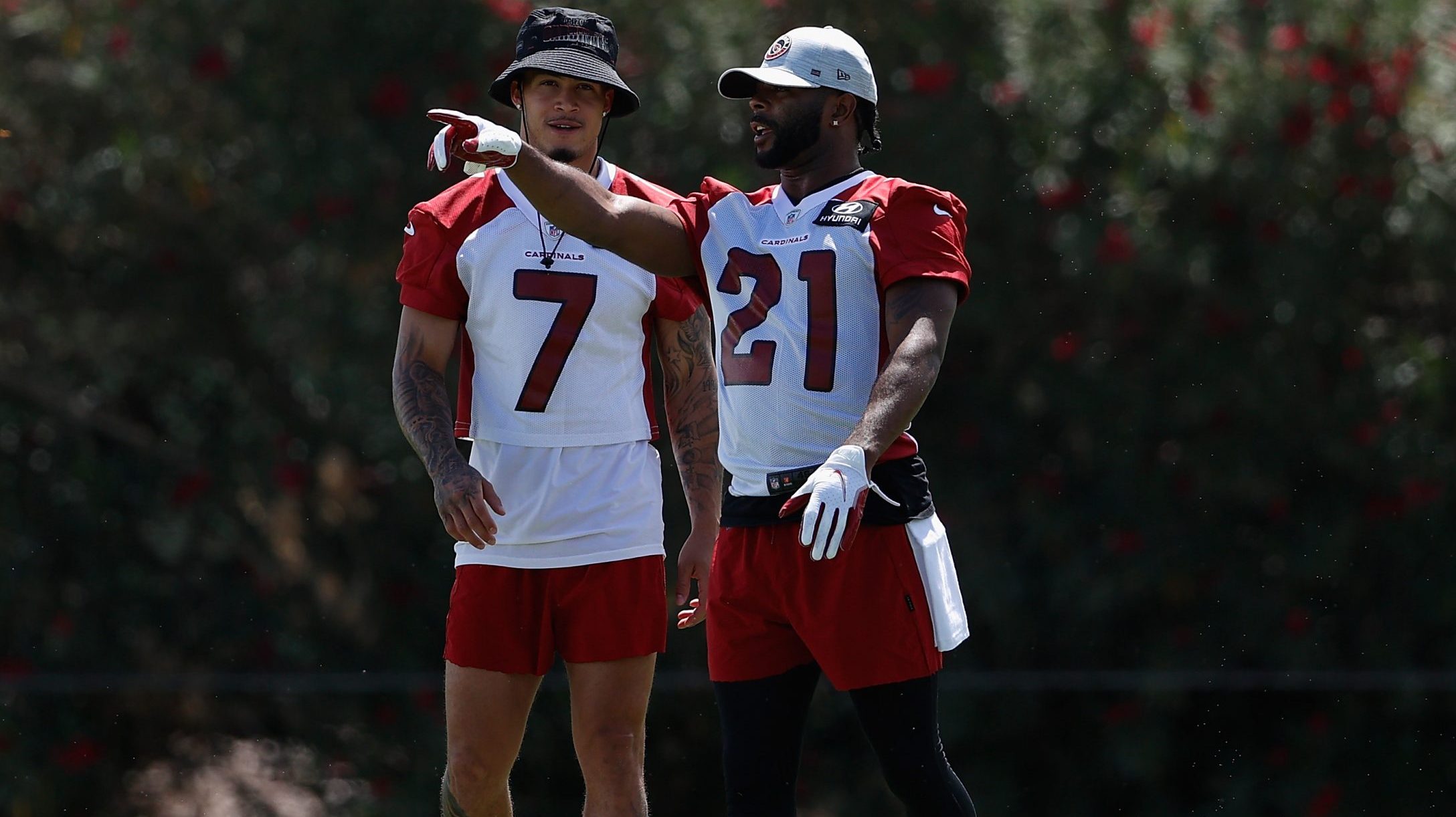 Cornerbacks Byron Murphy Jr. #7 and Malcolm Butler #21 of the Arizona Cardinals participate in an o...