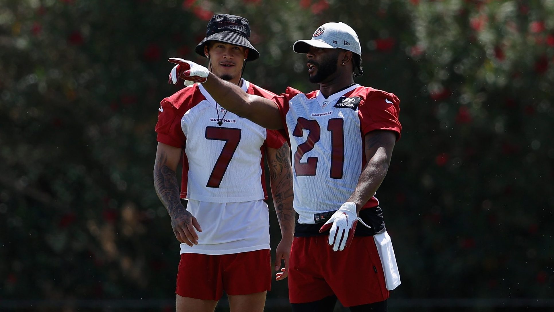 Cornerbacks Byron Murphy Jr. #7 and Malcolm Butler #21 of the Arizona Cardinals participate in an o...