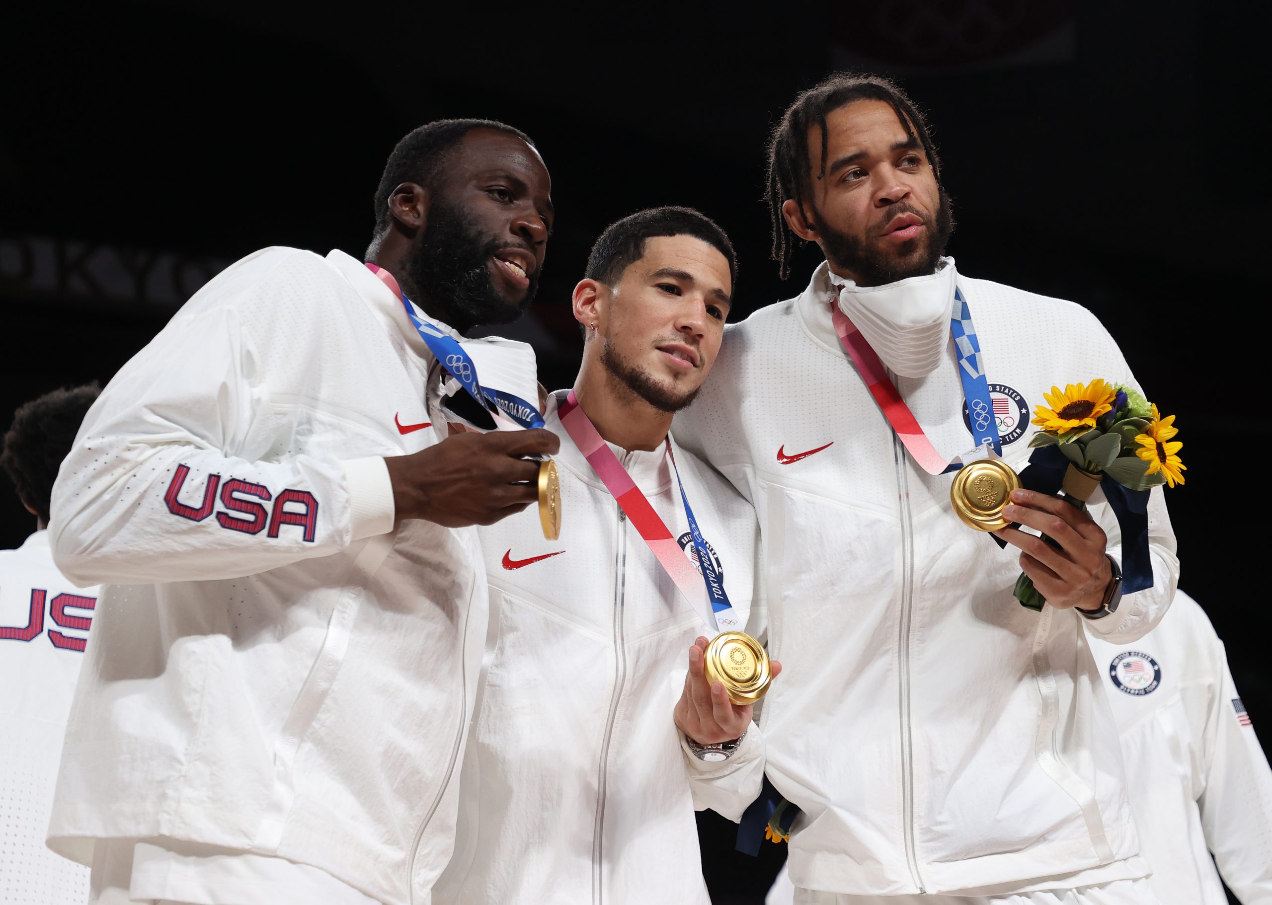 SAITAMA, JAPAN - AUGUST 07: Draymond Green, Devin Booker, and Javale McGee of Team United States  p...