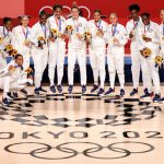 SAITAMA, JAPAN - AUGUST 08: Team United States pose for photographs with their gold medals during the Women's Basketball medal ceremony on day sixteen of the 2020 Tokyo Olympic games at Saitama Super Arena on August 08, 2021 in Saitama, Japan. (Photo by Mike Ehrmann/Getty Images)
