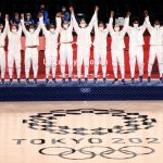 SAITAMA, JAPAN - AUGUST 08: Team United States celebrates on the medal stand during the Women's Basketball medal ceremony on day sixteen of the 2020 Tokyo Olympic games at Saitama Super Arena on August 08, 2021 in Saitama, Japan. (Photo by Mike Ehrmann/Getty Images)