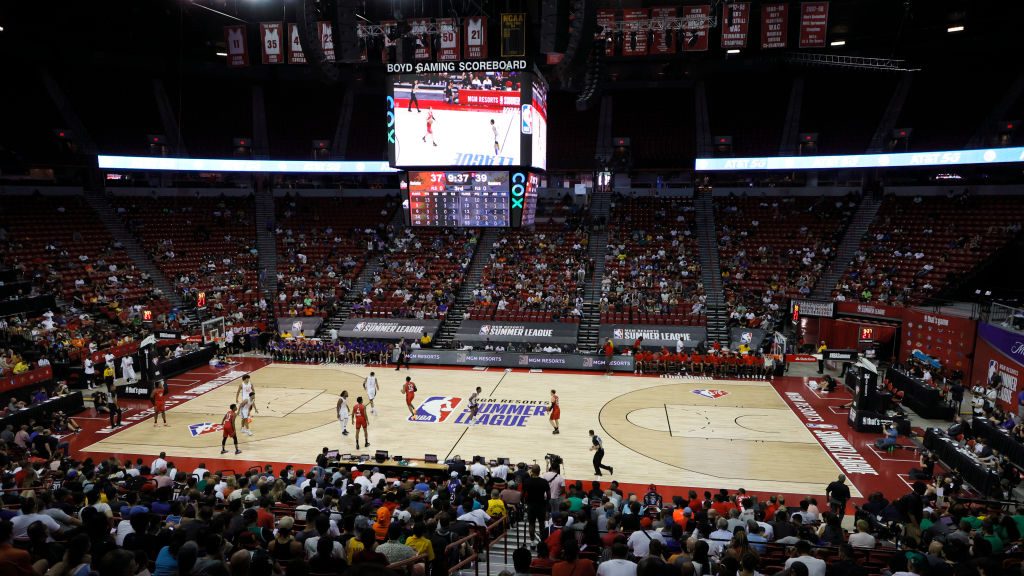 The Toronto Raptors and the New York Knicks play during the 2021 NBA Summer League at the Thomas &a...