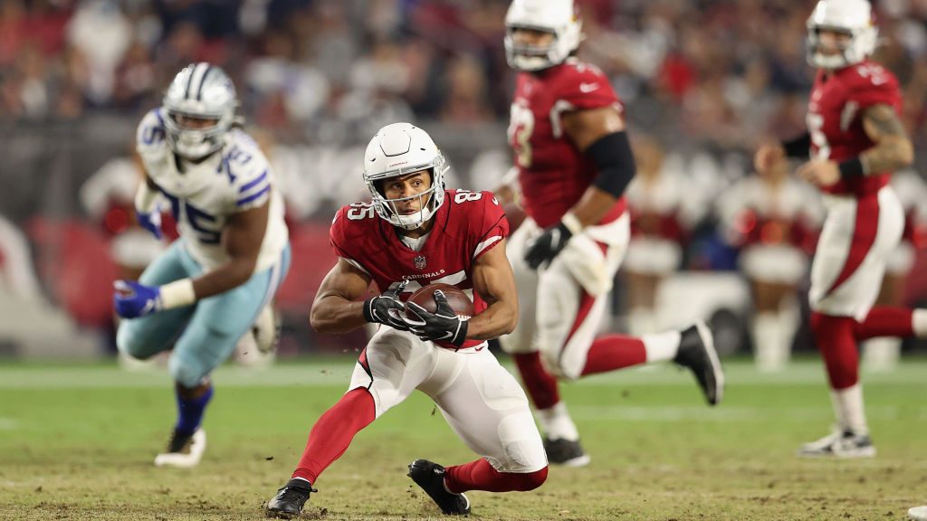 Wide receiver Rondale Moore #85 of the Arizona Cardinals makes a reception against the Dallas Cowbo...