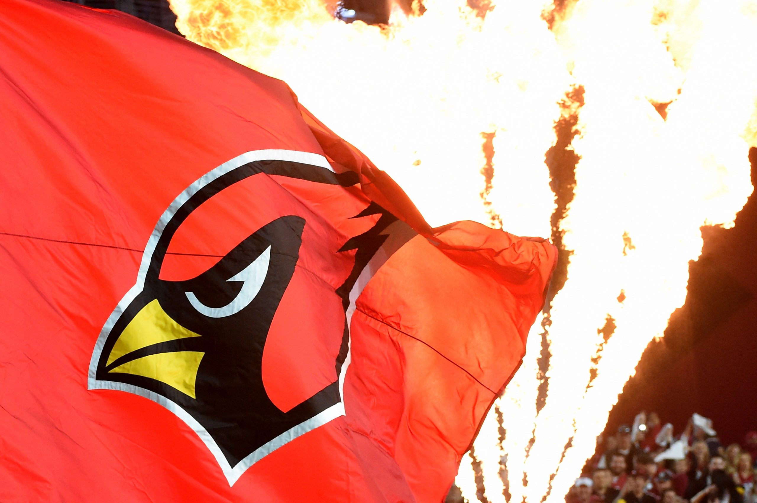 GLENDALE, AZ - JANUARY 16:  The Arizona Cardinals logo is seen on a flag before the Cardinals take ...