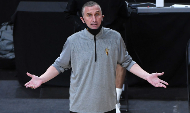 Head coach Bobby Hurley of the Arizona State Sun Devils gestures as his team takes on the Washingto...