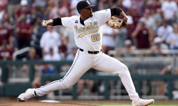 Kumar Rocker #80 of the Vanderbilt pitches against Mississippi St. in the top of the first inning d...