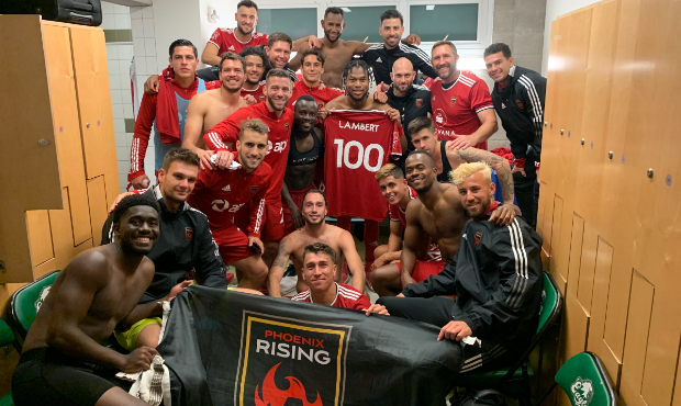 Phoenix Rising celebrates a 1-0 win over Oakland Roots at Laney College on Aug. 4, 2021. (Twitter P...