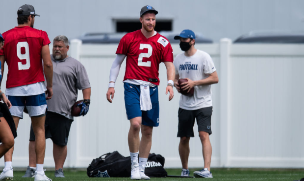 Indianapolis Colts quarterback Carson Wentz (2) runs through a drill during the Indianapolis Colts ...