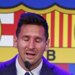 Lionel Messi speaks during a press conference at the Camp Nou stadium in Barcelona, Spain, Sunday, Aug. 8, 2021. FC Barcelona had previously announced the negotiations with Lionel Messi had ended and that Messi would be leaving the club. (AP Photo/Joan Monfort)