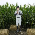 A cutout of New York Yankees right fielder Aaron Judge stands in a cornfield before a baseball game against the Chicago White Sox, Thursday, Aug. 12, 2021, in Dyersville, Iowa. The Yankees and White Sox are playing at a temporary stadium in the middle of a cornfield at the Field of Dreams movie site, the first Major League Baseball game held in Iowa. (AP Photo/Charlie Neibergall)