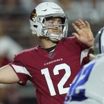 Arizona Cardinals quarterback Colt McCoy (12) throws against the Dallas Cowboys during the first half of an NFL preseason football game, Friday, Aug. 13, 2021, in Glendale, Ariz. (AP Photo/Ross D. Franklin)