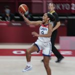 United States' A'Ja Wilson (9) drives to the basket during women's basketball gold medal game against Japan at the 2020 Summer Olympics, Sunday, Aug. 8, 2021, in Saitama, Japan. (AP Photo/Luca Bruno)