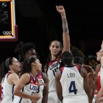 United States players celebrate their win in the women's basketball gold medal game against Japan at the 2020 Summer Olympics, Sunday, Aug. 8, 2021, in Saitama, Japan. (AP Photo/Eric Gay)