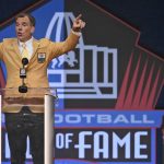 Alan Faneca, a member of the Pro Football Hall of Fame Class of 2021, speaks during the induction ceremony at the Pro Football Hall of Fame, Sunday, Aug. 8, 2021, in Canton, Ohio. (AP Photo/David Richard)