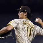 San Diego Padres starting pitcher Yu Darvish throws to an Arizona Diamondbacks batter during the first inning of a baseball game Thursday, Aug. 12, 2021, in Phoenix. (AP Photo/Ross D. Franklin)