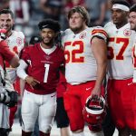 Arizona Cardinals quarterback Kyler Murray (1) and Kansas City Chiefs center Creed Humphrey (52) pose for a photo after an NFL football game, Friday, Aug. 20, 2021, in Glendale, Ariz. The Chiefs won 17-10. (AP Photo/Ross D. Franklin)