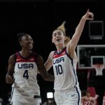United States's Jewell Loyd (4) and Breanna Stewart (10) celebrate their win in the women's basketball gold medal game against Japan at the 2020 Summer Olympics, Sunday, Aug. 8, 2021, in Saitama, Japan. (AP Photo/Eric Gay)