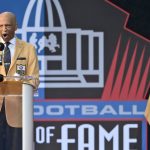 Drew Pearson, a member of the Pro Football Hall of Fame Class of 2021, speaks during the induction ceremony at the Pro Football Hall of Fame, Sunday, Aug. 8, 2021, in Canton, Ohio. (AP Photo/David Richard)