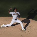 San Diego Padres starting pitcher Yu Darvish winds up in the second inning of a baseball game against the Arizona Diamondbacks, Saturday, Aug. 7, 2021, in San Diego. (AP Photo/Derrick Tuskan)