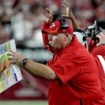 Kansas City Chiefs head coach Andy Reid instructs his team during the second half of an NFL football game against the Arizona Cardinals, Friday, Aug. 20, 2021, in Glendale, Ariz. (AP Photo/Rick Scuteri)