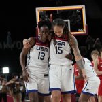 United States's Sylvia Fowles (13) and Brittney Griner (15) celebrate after their win in the women's basketball gold medal game against Japan at the 2020 Summer Olympics, Sunday, Aug. 8, 2021, in Saitama, Japan. (AP Photo/Eric Gay)