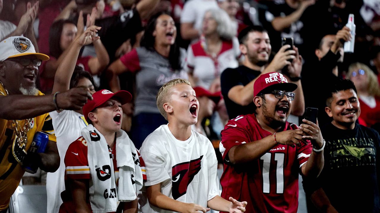 Arizona Cardinals fans cheer during the second half of an NFL football game against the Kansas City...