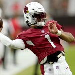 Arizona Cardinals quarterback Kyler Murray (1) warms up prior to an NFL football game against the Kansas City Chiefs, Friday, Aug. 20, 2021, in Glendale, Ariz. (AP Photo/Ross D. Franklin)