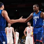 August: 
Kevin Durant praised Devin Booker’s ‘all-around’ play in a USA win vs. Spain after the Suns guard flew immediately to Japan for the Olympics coming off an NBA Finals defeat to Milwaukee. (Photo by ARIS MESSINIS/AFP via Getty Images)
