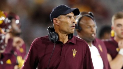Head coach Herm Edwards of the Arizona State Sun Devils looks on against the Stanford Cardinal in t...