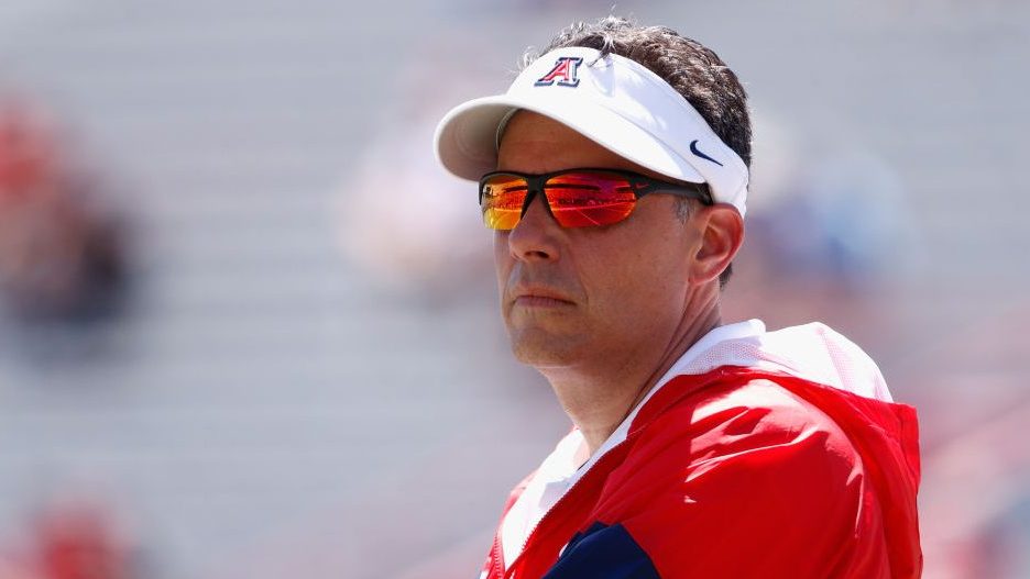 Head coach Jedd Fisch of the Arizona Wildcats reacts on the sidelines during the Arizona Spring gam...