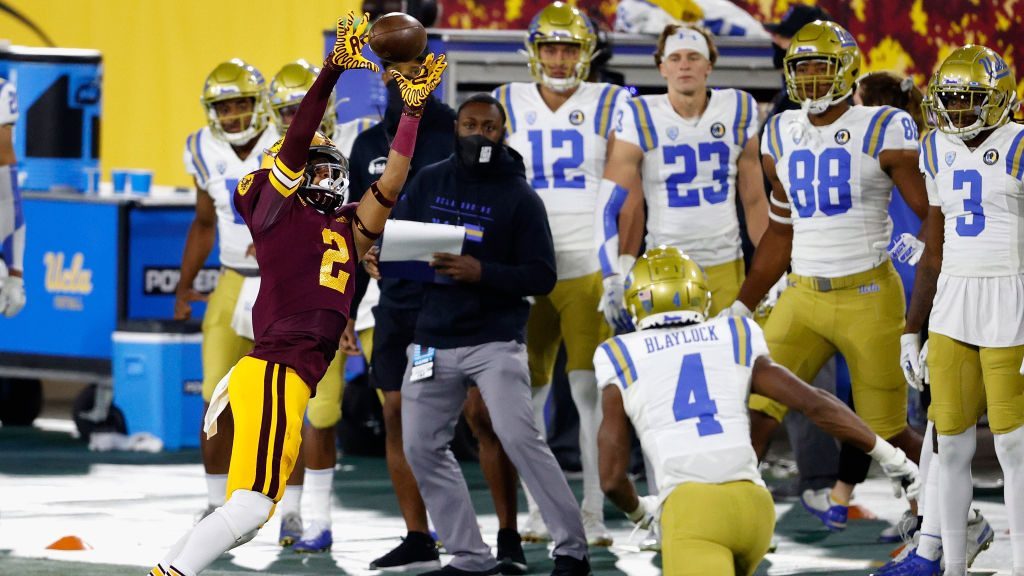 Wide receiver LV Bunkley-Shelton #2 of the Arizona State Sun Devils makes a reception against the U...