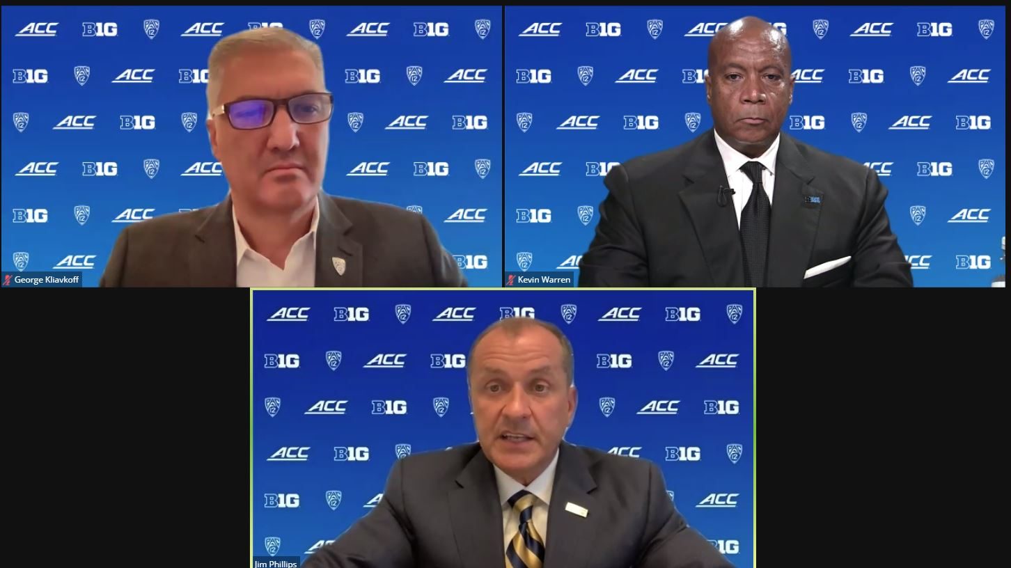 Screenshot: The Pac-12's George Kliavkoff, top left, the Big Ten's Kevin Warren, top right, and the...